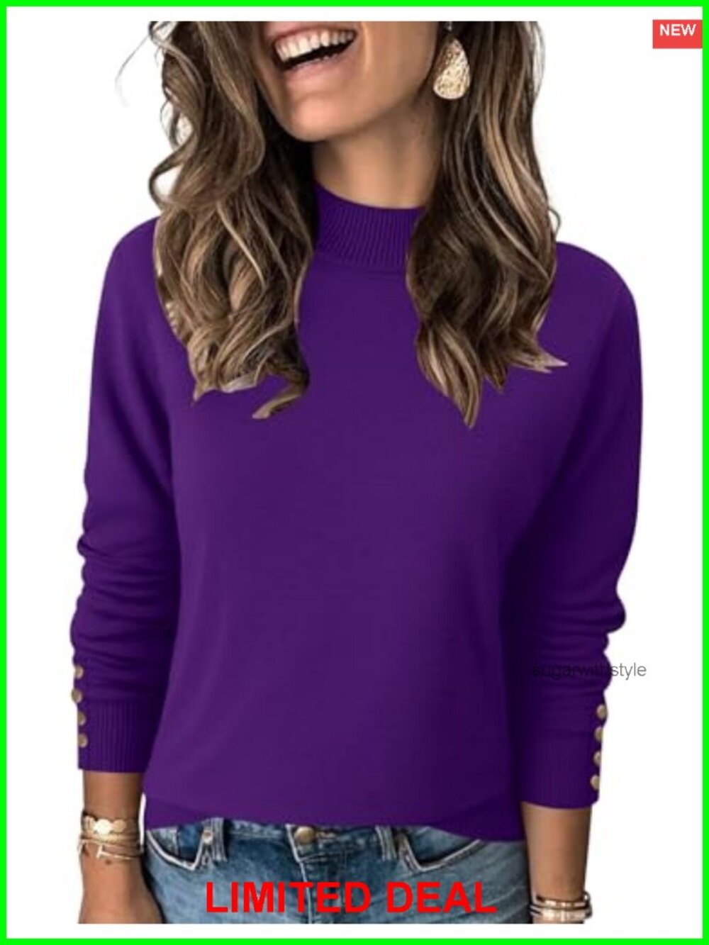 Mock Neck Long Sleeve Knit Pullover Sweater Button Cuffs